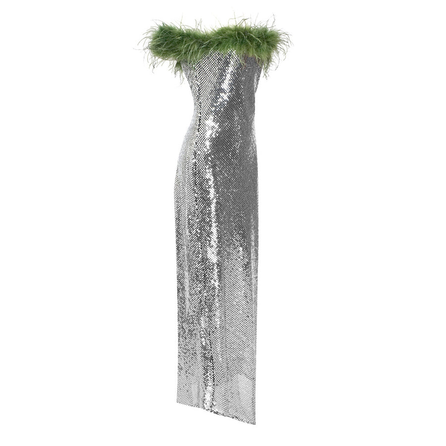 Silver + Emerald Feather Trim Sequined Maxi Dress