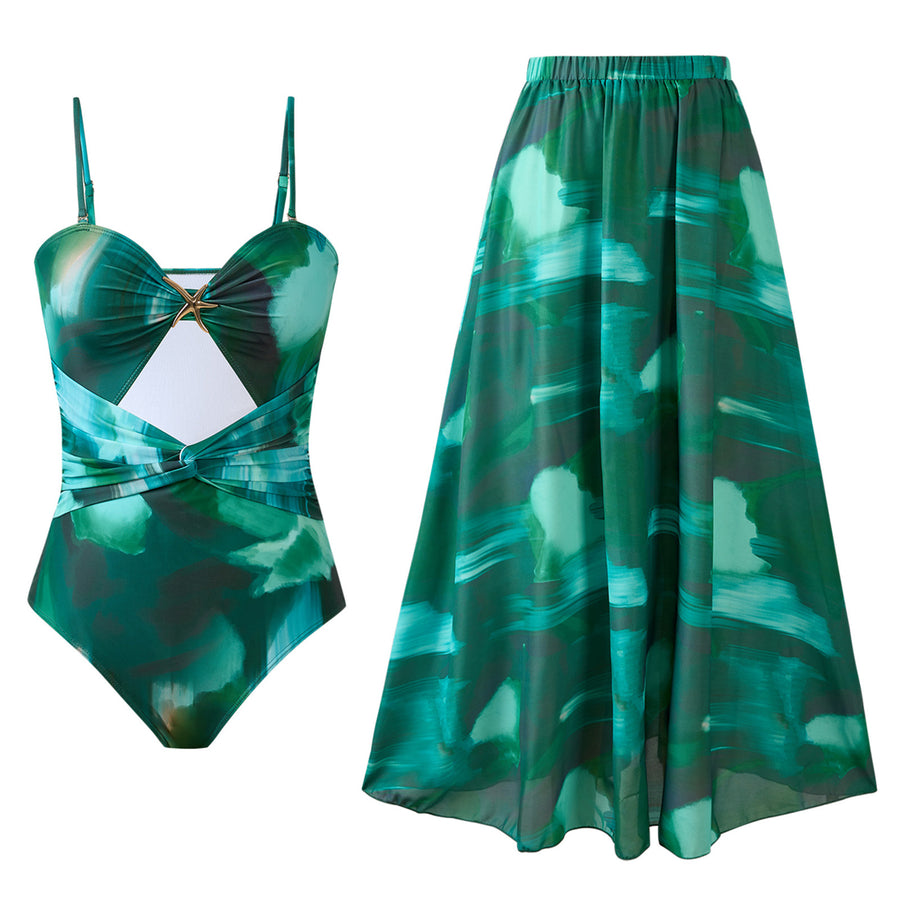 One Piece Swimsuit + Skirt Set