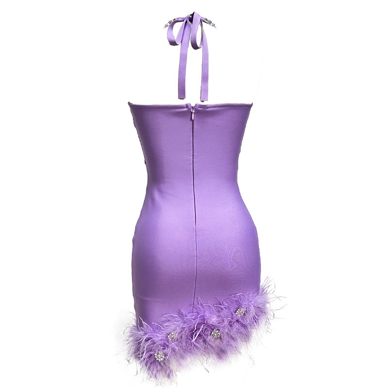 Lavender Halter Bandage + Feather Mini Dress