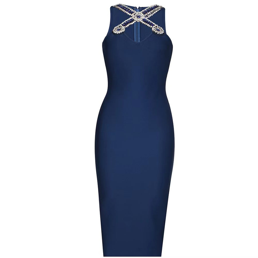 Navy Blue Embellished Sapphire Midi Dress