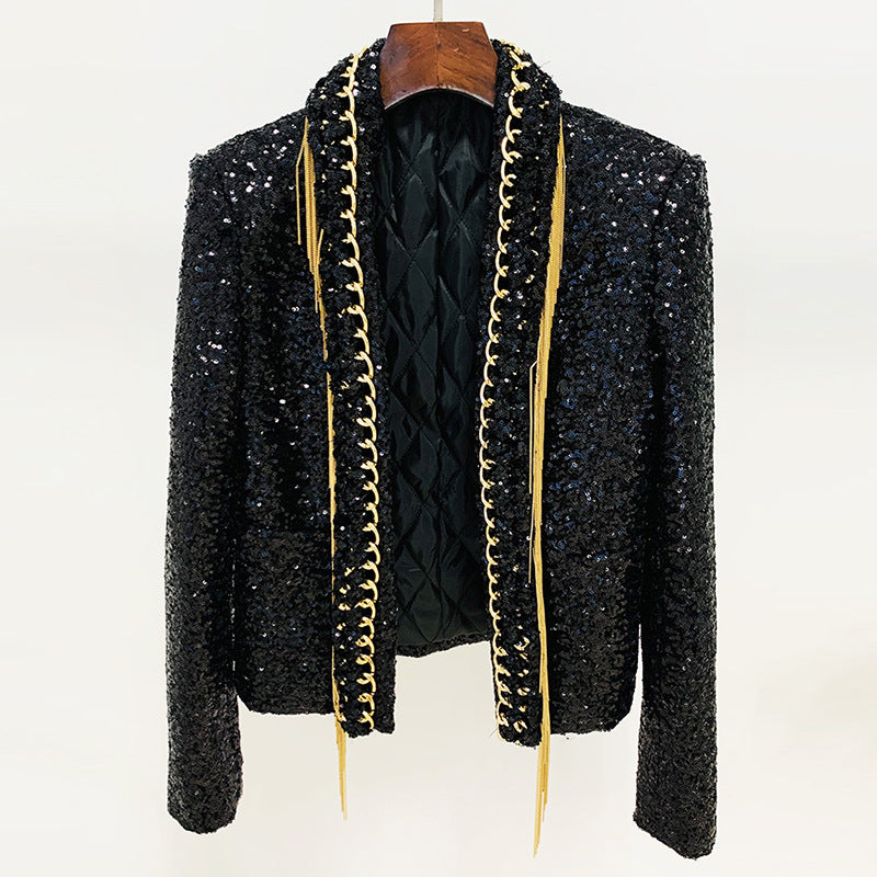 Stella Sequin + Gold Fringe Cardigan Coat