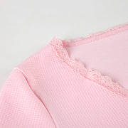 Pink Lace Trim Waffle Textured Top