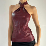 Burgundy Vegan Leather Halter Top