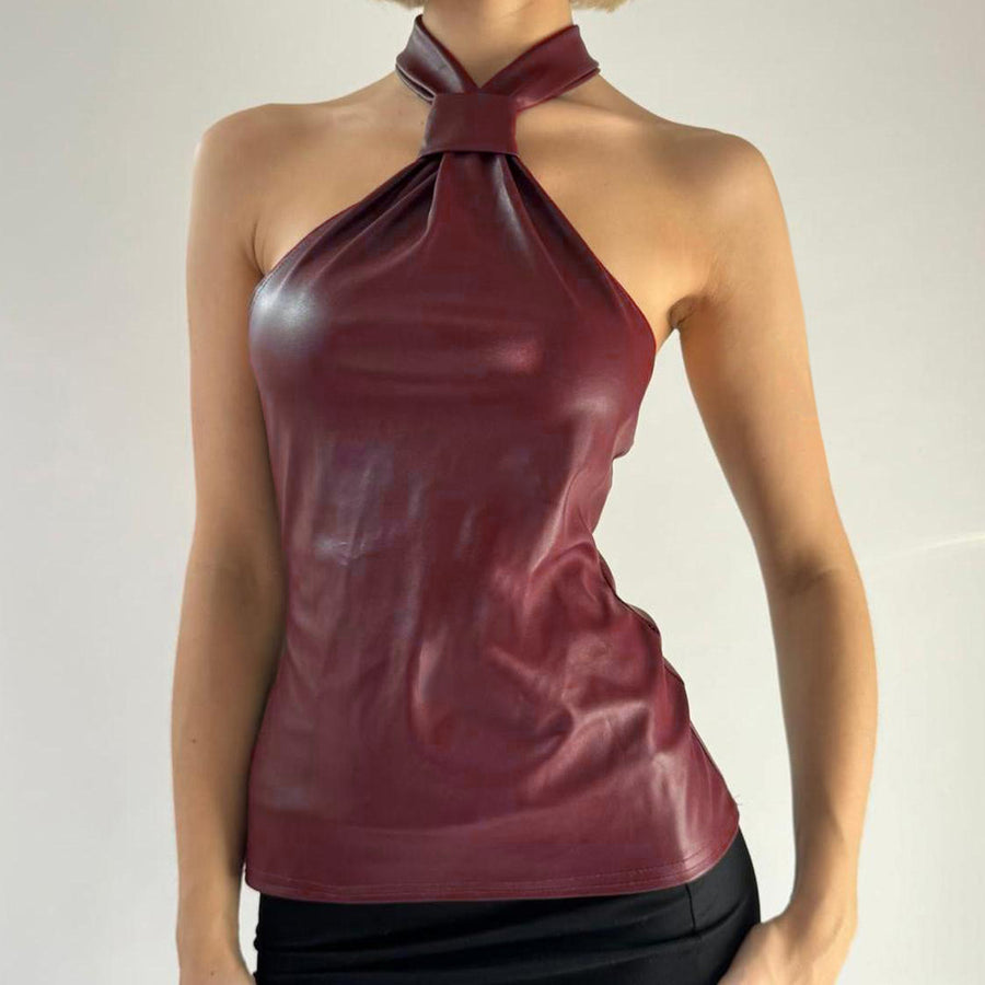 Burgundy Vegan Leather Halter Top