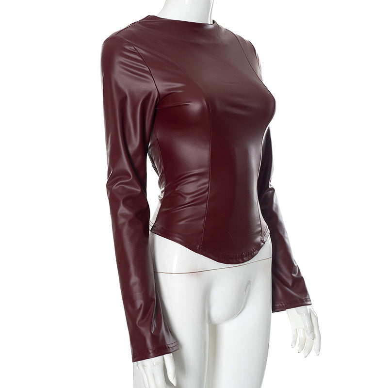 Vegan Leather Wine Slim Fit + Flare Sleeve Top