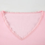 Pink Lace Trim Waffle Textured Top