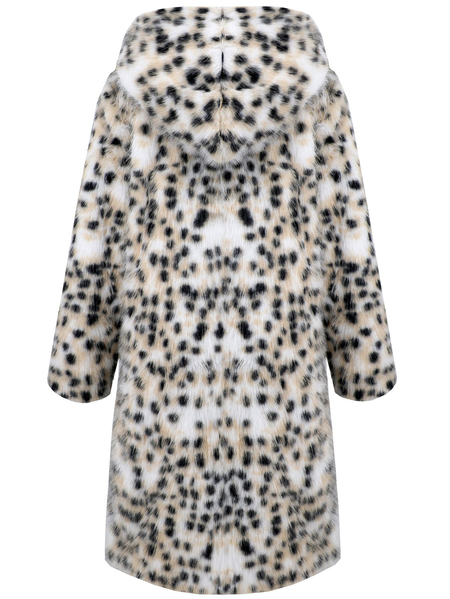 Hooded Faux Snow Leopard Fur Coat