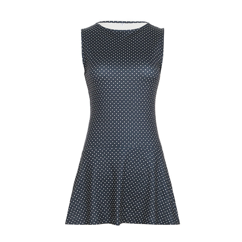 Navy Blue Sleeveless Polka Dot Mini Dress