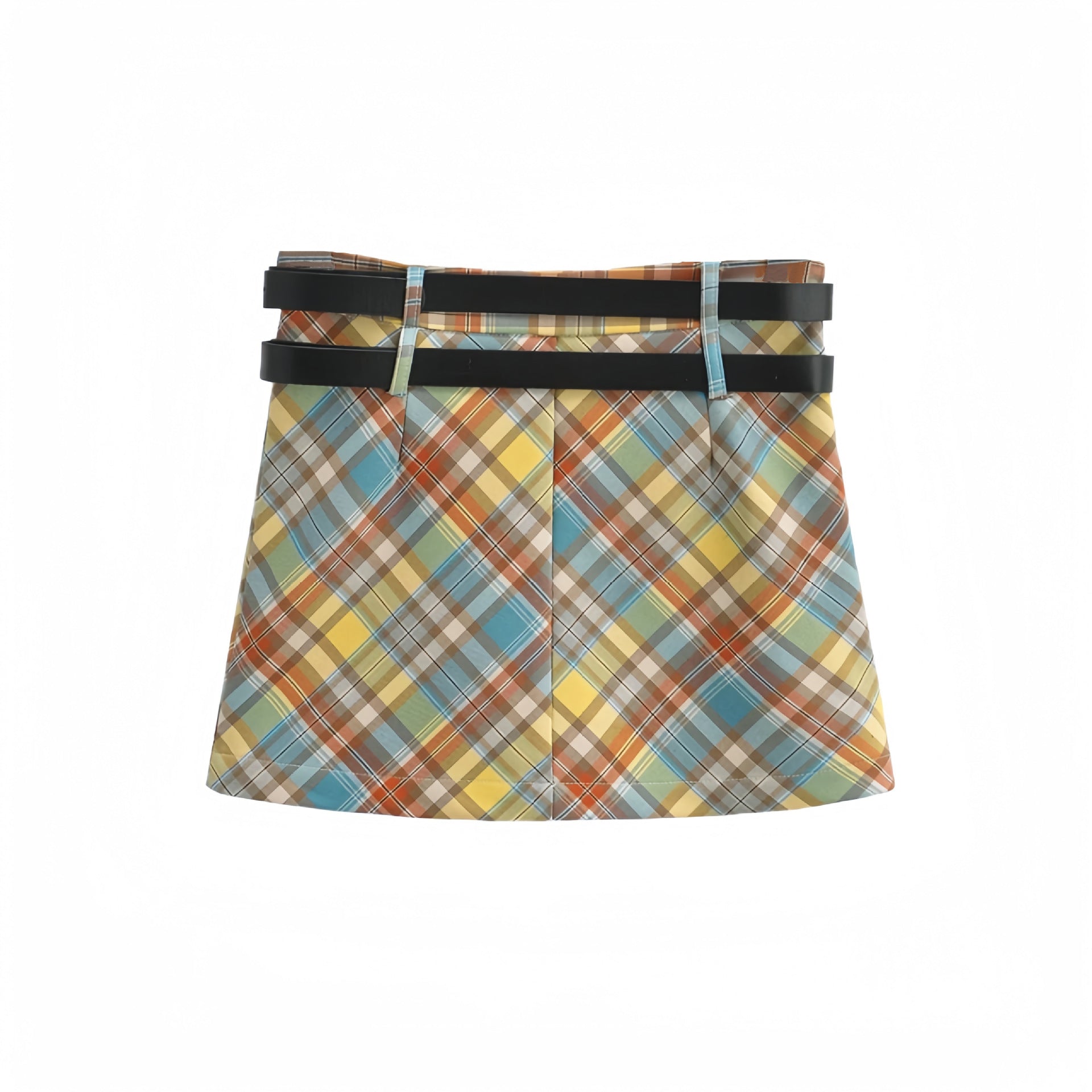 Double Belt Plaid Mini Skort