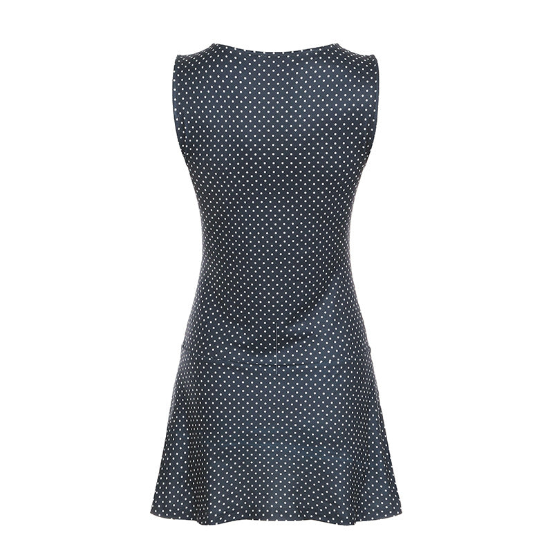 Navy Blue Sleeveless Polka Dot Mini Dress