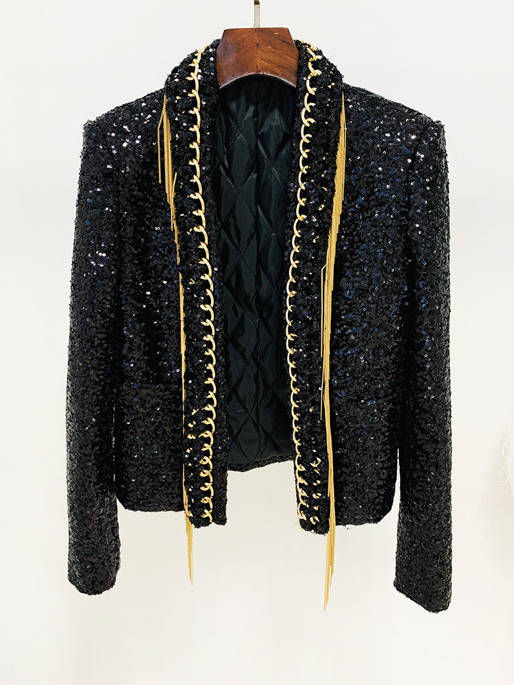 Stella Sequin + Gold Fringe Cardigan Coat