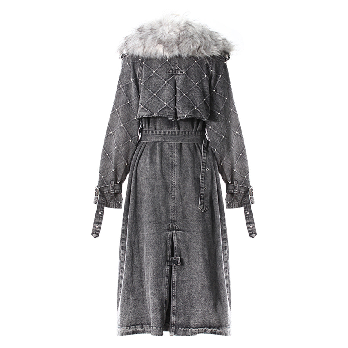 Detachable Faux Fur Collar Denim Slim Fit Coat