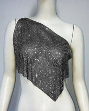 Favella Mesh Rhinestone One Shoulder Top