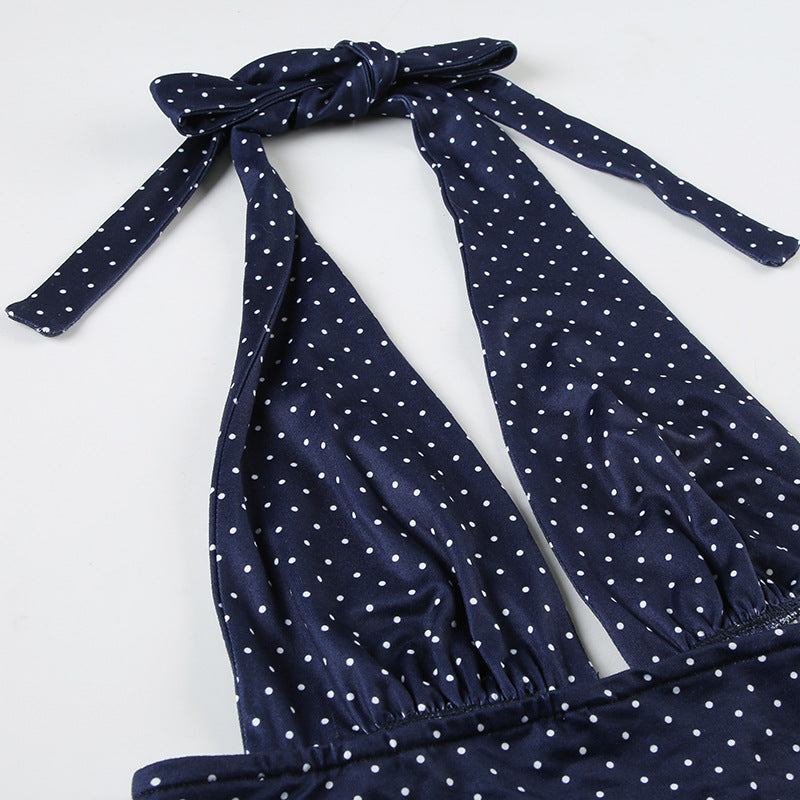 Navy Blue Polka Dot Halter Skirt Set