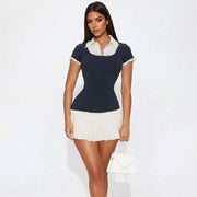 Navy Blue & White Pleated Mini Dress