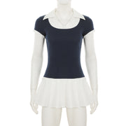 Navy Blue & White Pleated Mini Dress