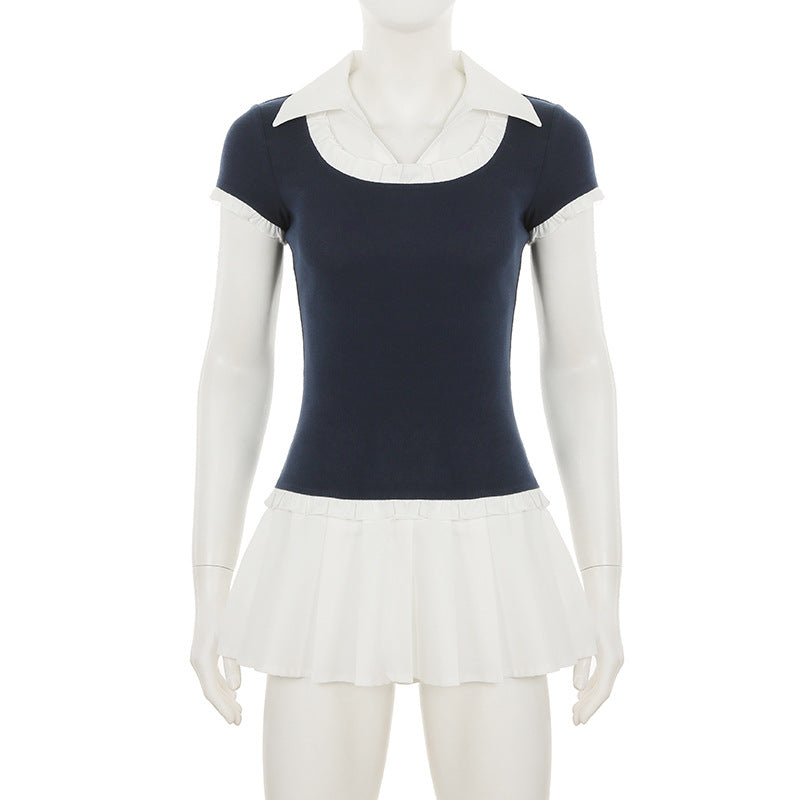 Navy Blue & White Pleated Mini Dress