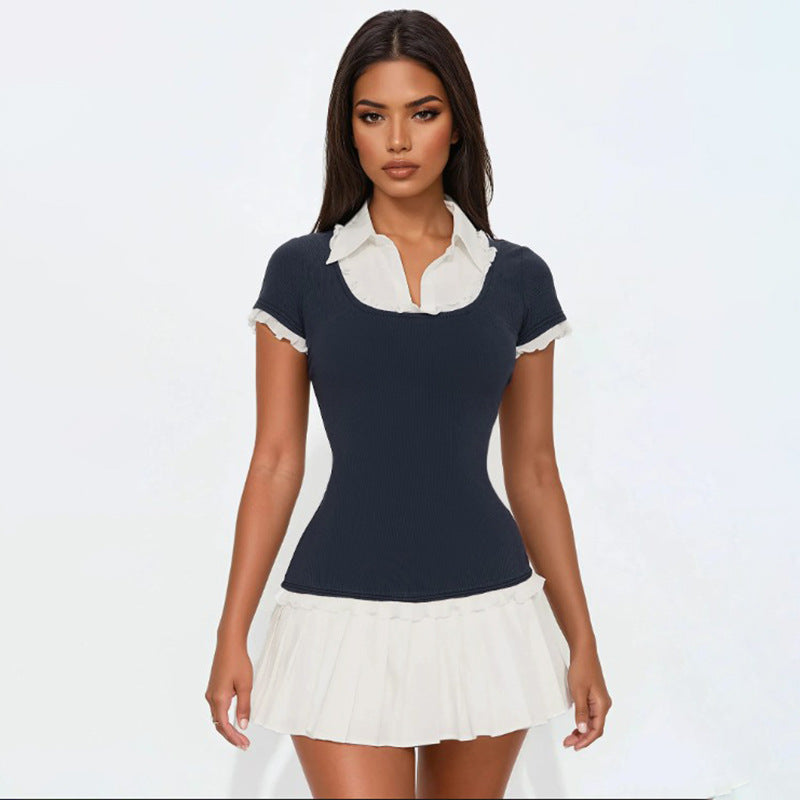 Navy Blue & White Pleated Mini Dress