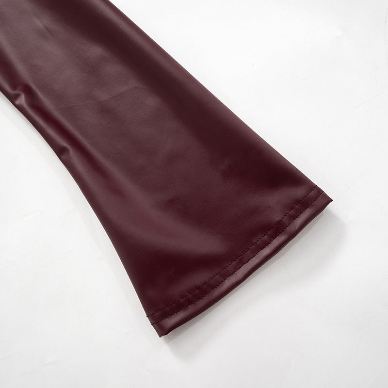 Vegan Leather Wine Slim Fit + Flare Sleeve Top