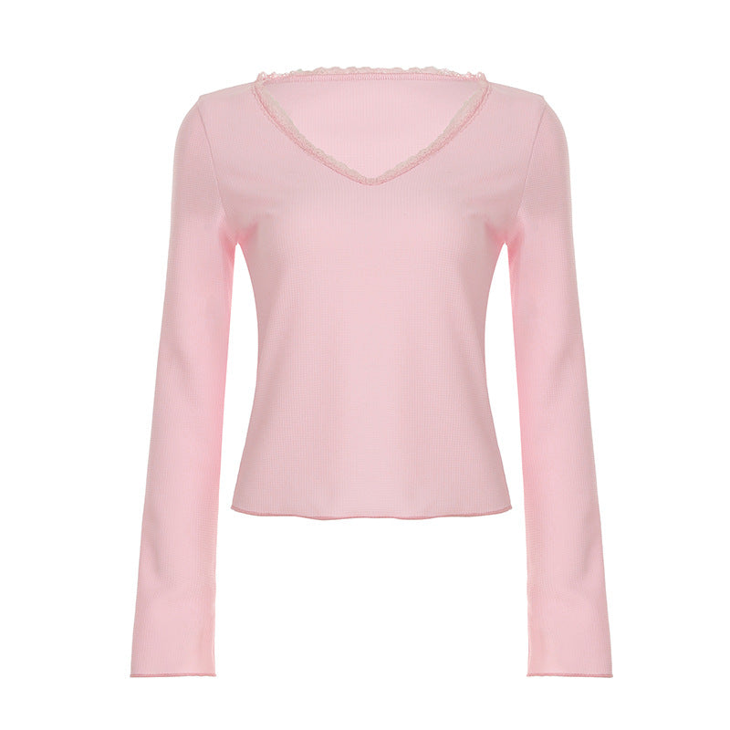 Pink Lace Trim Waffle Textured Top