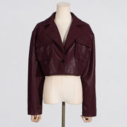 Wine Vegan Leather Loose Fit Cropped Coat