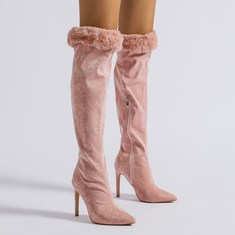 Fur + Lace Velour Heeled Boots