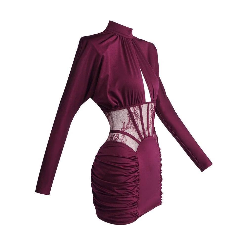 Burgundy Satin + Lace Mini Dress