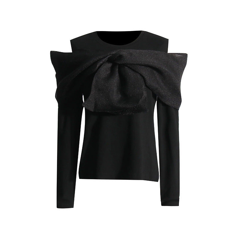 Bow Design Black Long Sleeved Off Shoulder Top