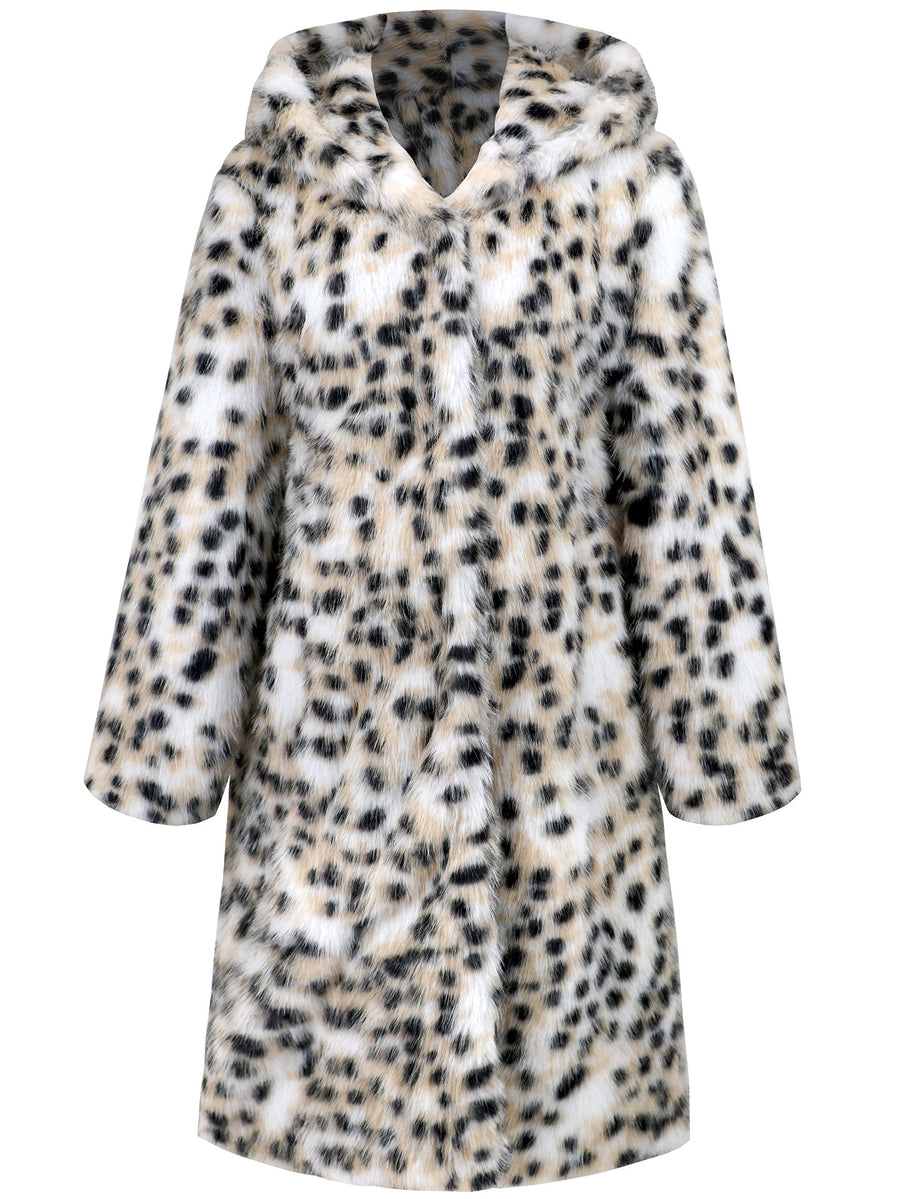 Hooded Faux Snow Leopard Fur Coat
