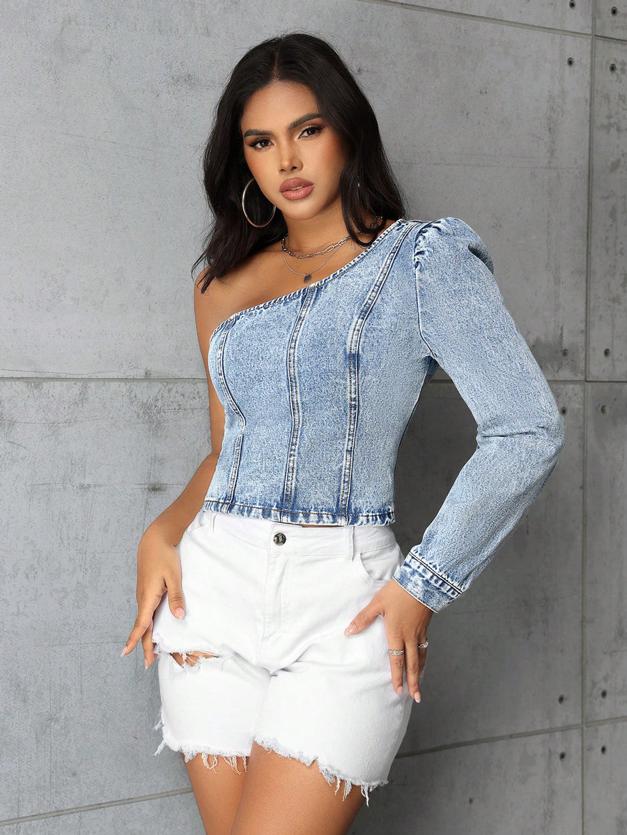 Genevieve Denim One Shoulder Top