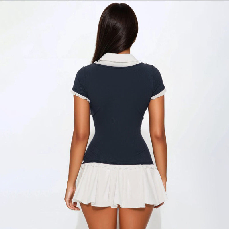 Navy Blue & White Pleated Mini Dress