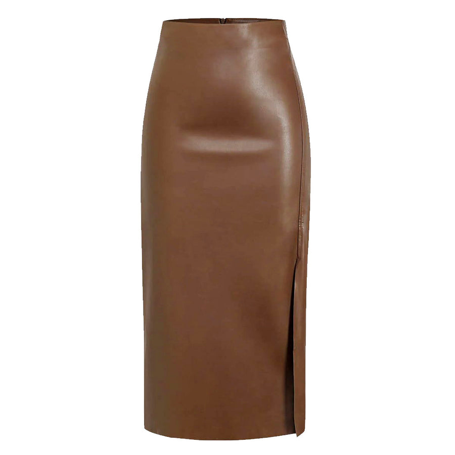 Vegan Leather Midi Skirt - Side Slit