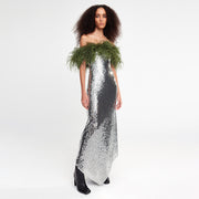 Silver + Emerald Feather Trim Sequined Maxi Dress