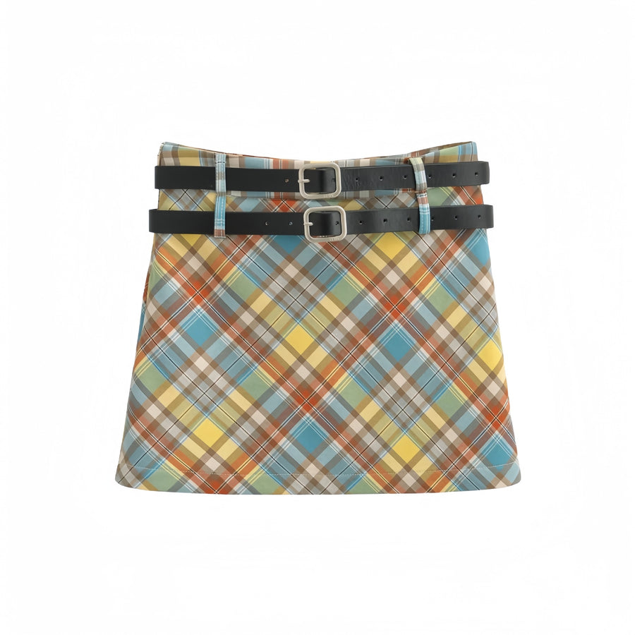 Double Belt Plaid Mini Skort