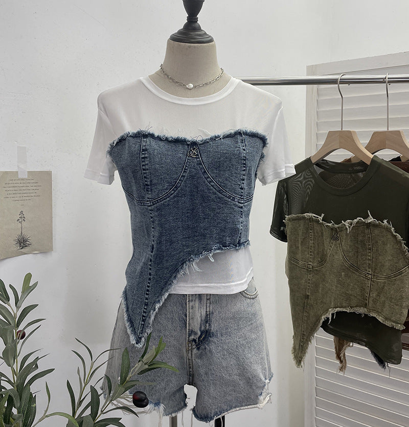 Mesh + Denim Crop Top