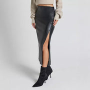 Vegan Leather Midi Skirt - Side Slit