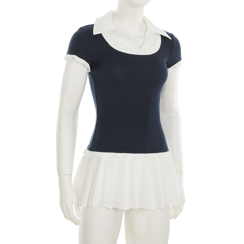 Navy Blue & White Pleated Mini Dress