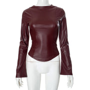 Vegan Leather Wine Slim Fit + Flare Sleeve Top