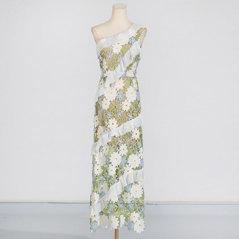 One Shoulder Floral Embroidery Maxi Dress