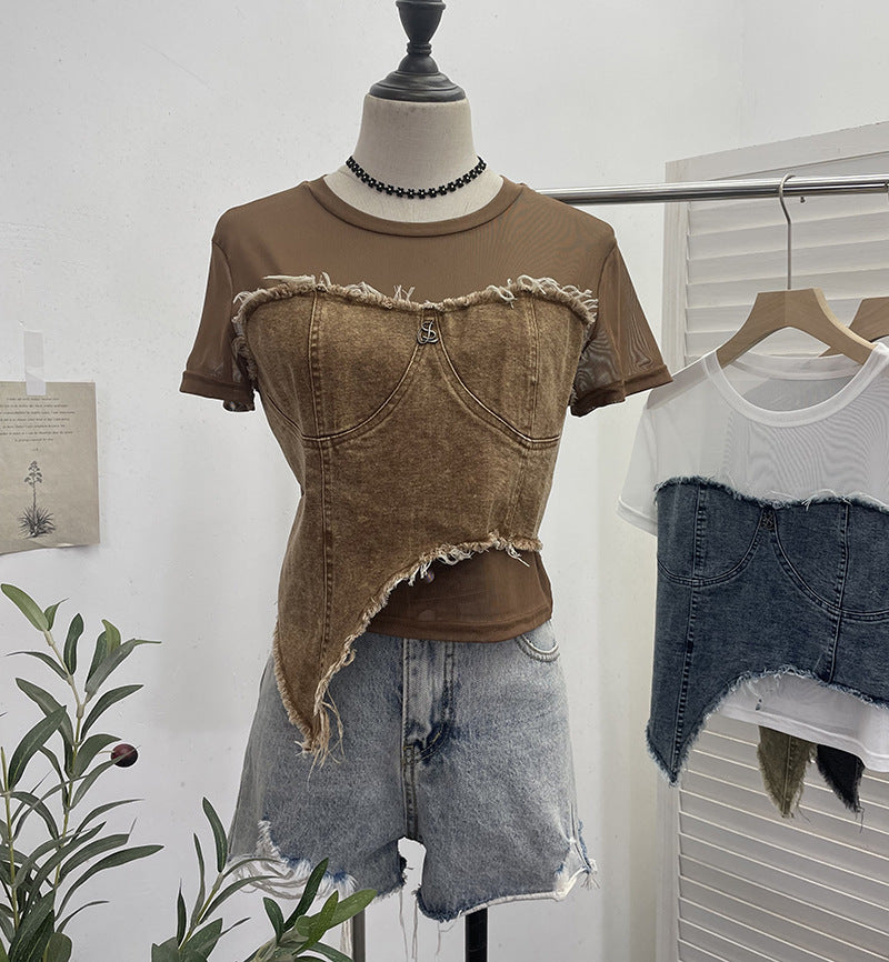 Mesh + Denim Crop Top