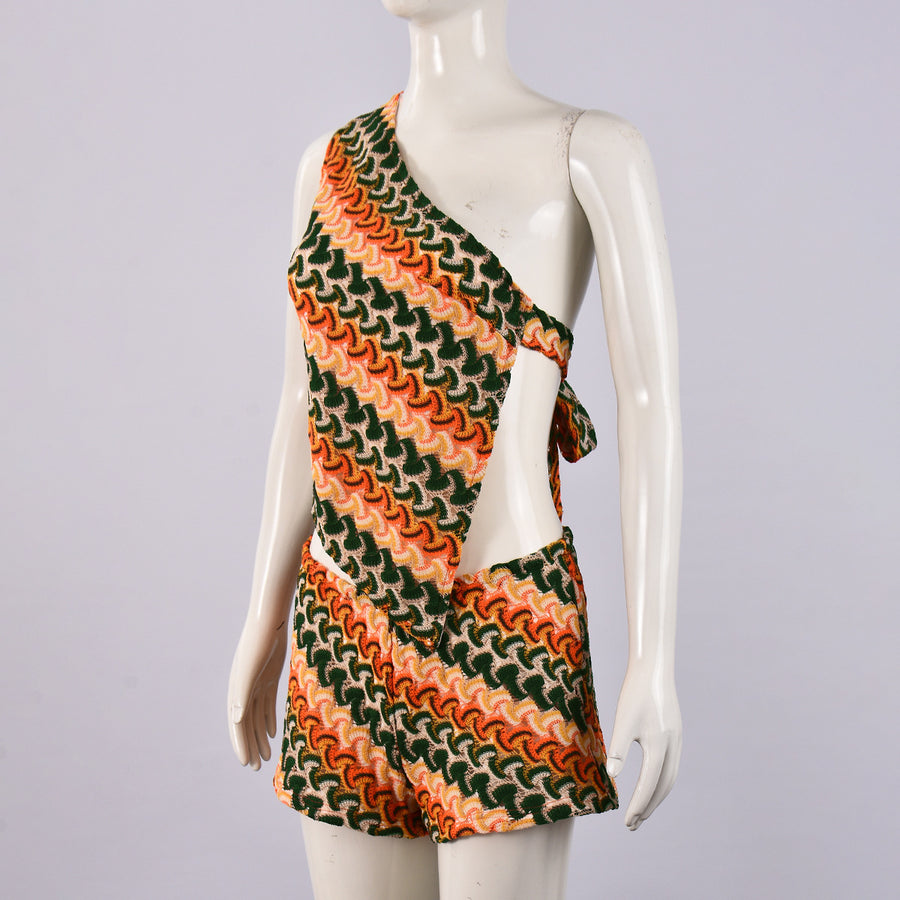 One Shoulder Knit Shorts Set