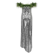 Silver + Emerald Feather Trim Sequined Maxi Dress