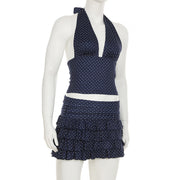 Navy Blue Polka Dot Halter Skirt Set