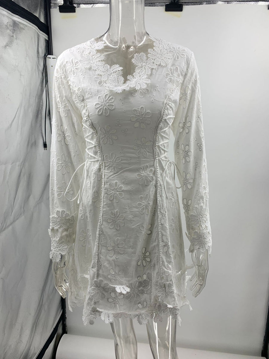 Long Sleeve Tied Lace V neck Slim Fit Dress