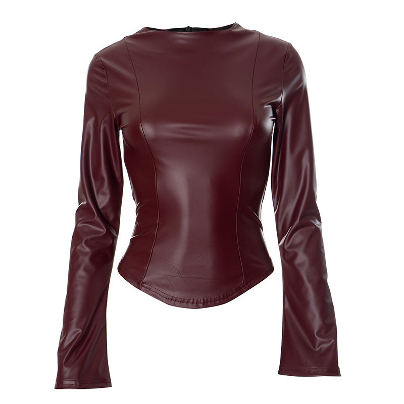 Vegan Leather Wine Slim Fit + Flare Sleeve Top