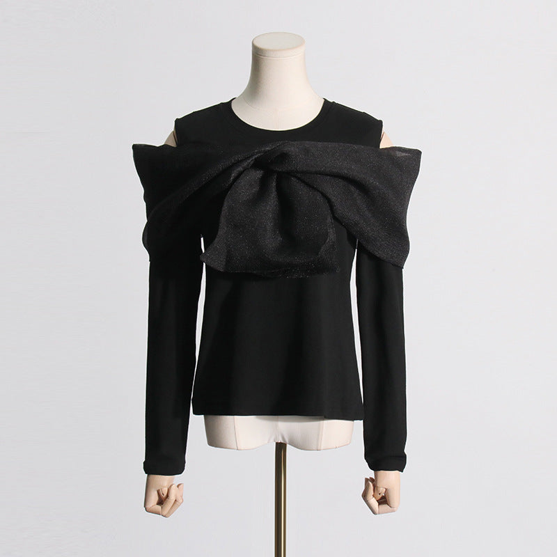 Bow Design Black Long Sleeved Off Shoulder Top