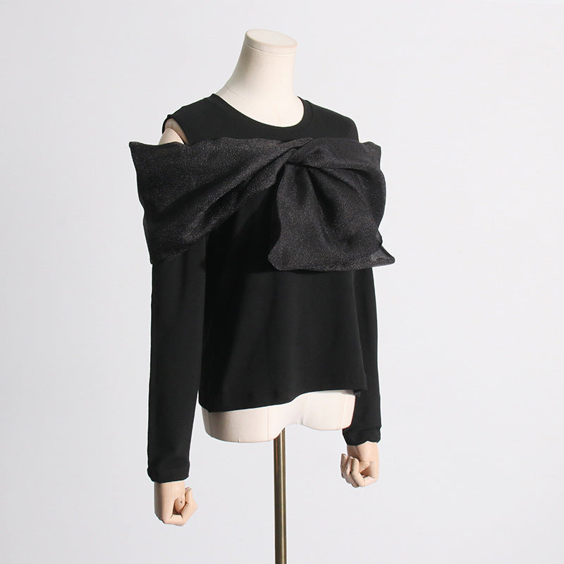 Bow Design Black Long Sleeved Off Shoulder Top