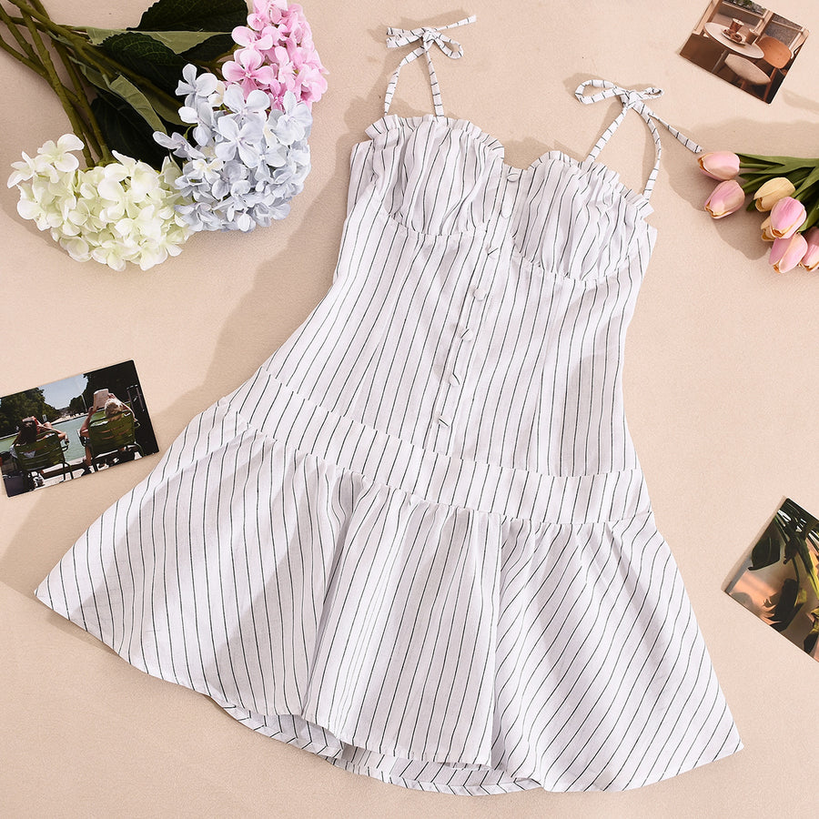 White Dress Black Stripes Mini Dress