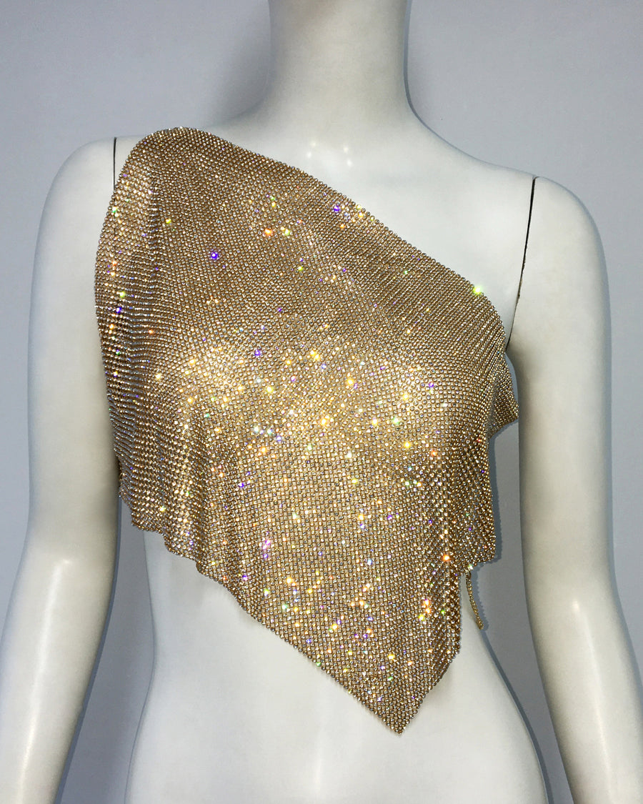 Favella Mesh Rhinestone One Shoulder Top