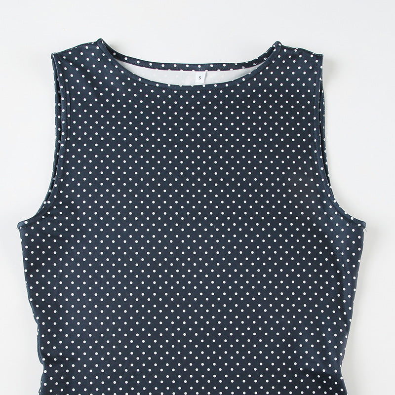 Navy Blue Sleeveless Polka Dot Mini Dress